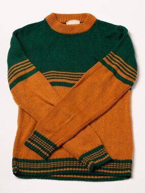 Vintage 70s Children's Green Yellow Striped Collegiate Crewneck Sweater Medium